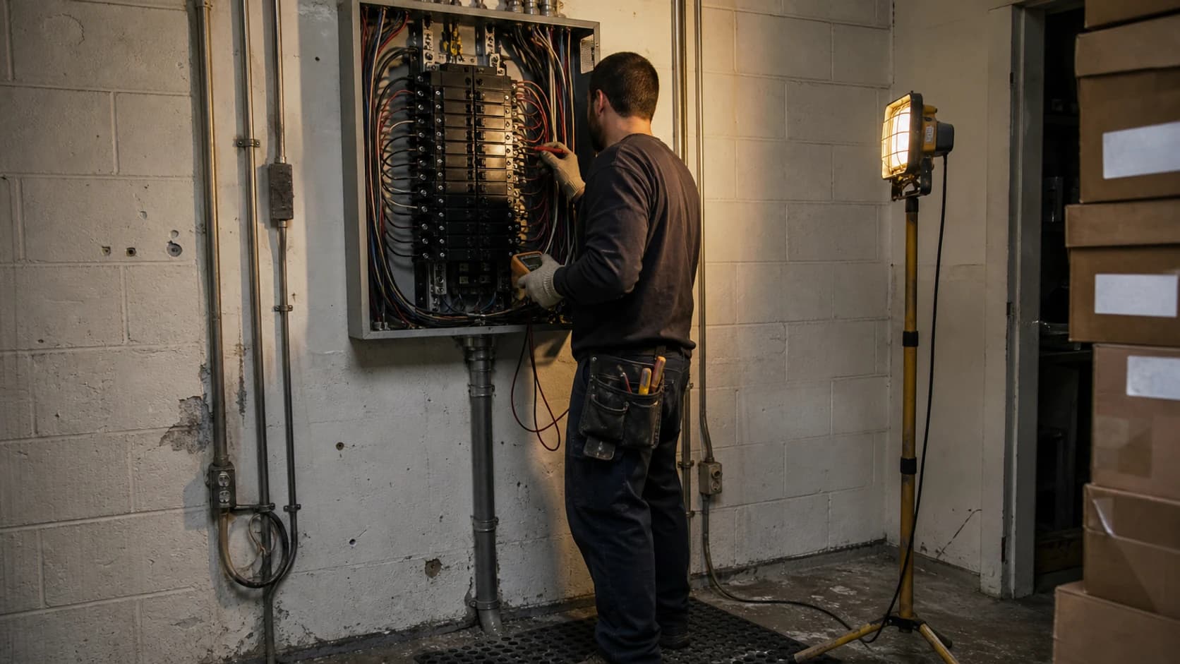 An electrician testing a breaker terminal at an open panel in a back room