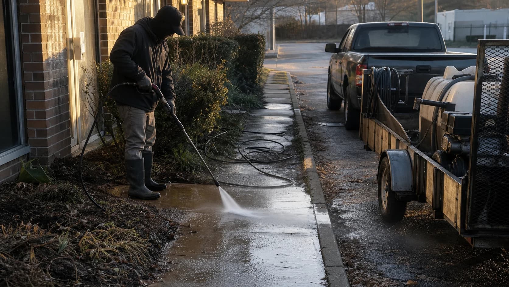 A worker pressure washing the sidewalk outside a small commercial unit