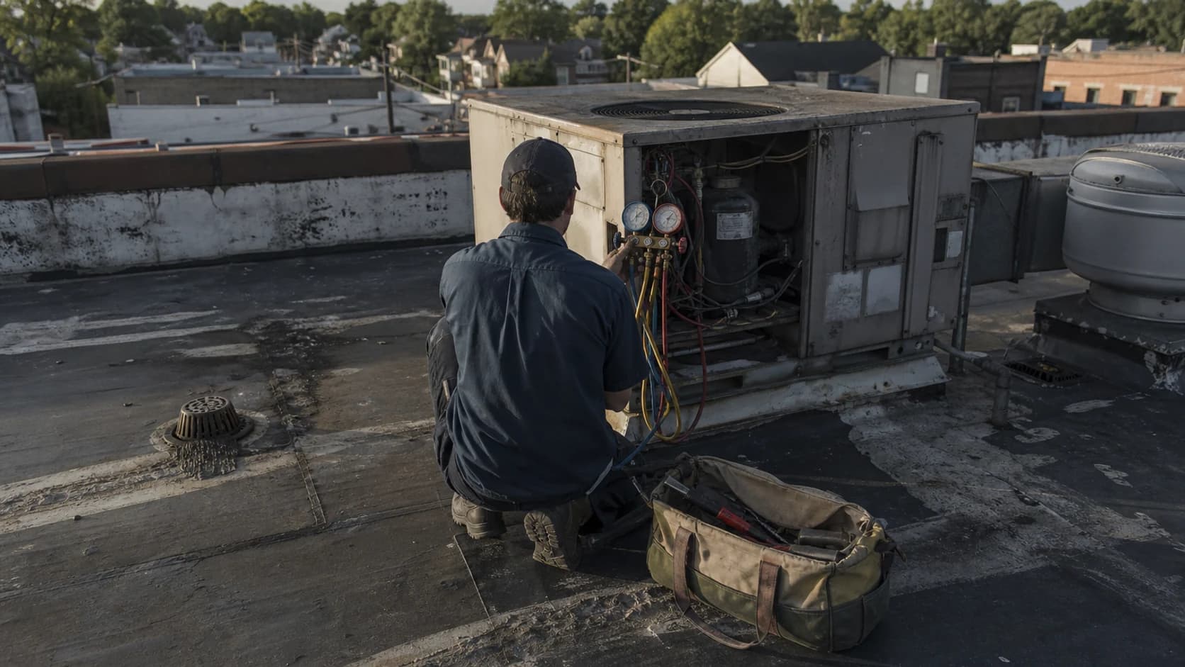 A technician kneeling with manifold gauges at an open rooftop unit on a low commercial roof