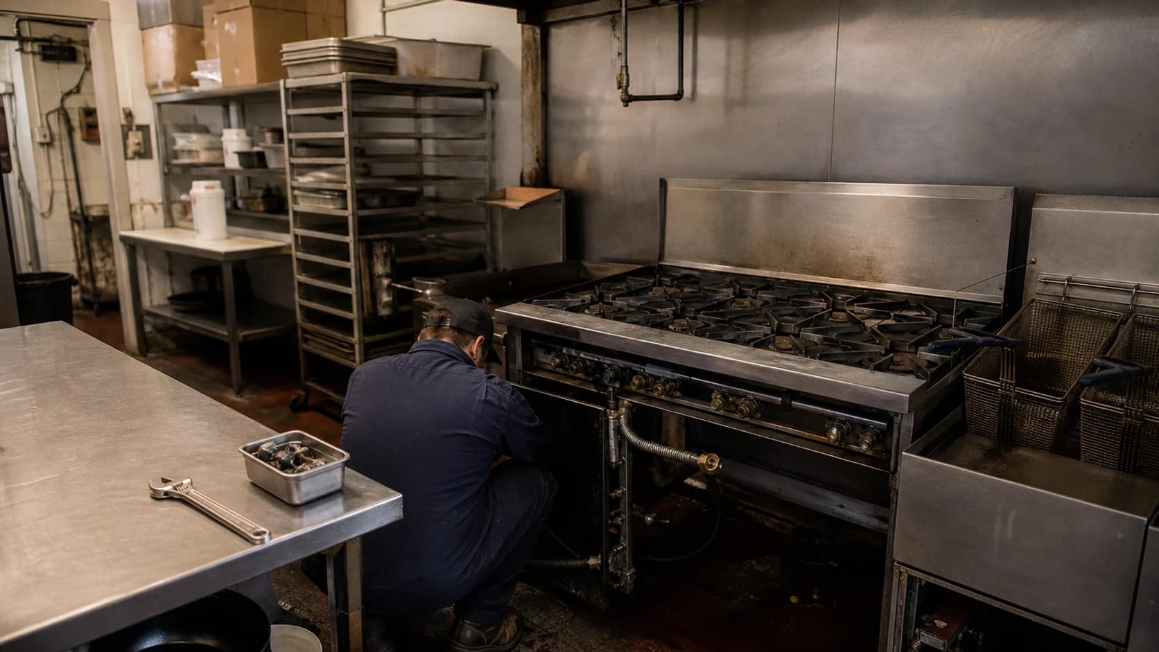 A technician crouched at the burner valves of a commercial gas range in a restaurant kitchen