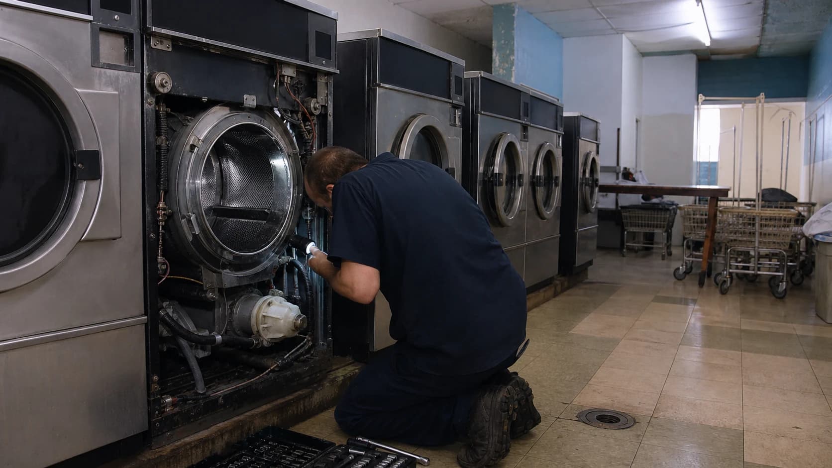 A technician kneeling at a commercial washer with its front panel off in a laundromat