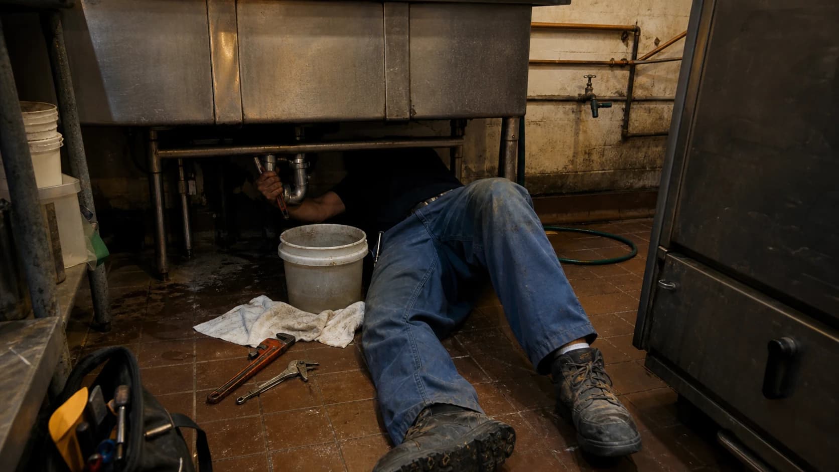 A plumber on their back under a commercial stainless sink, working on the drain trap