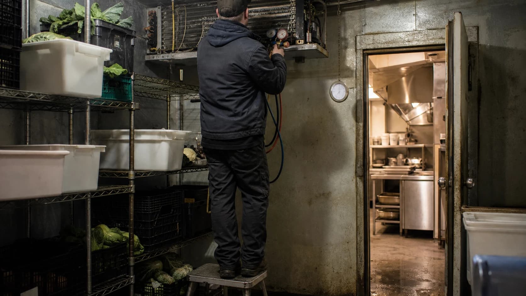 A refrigeration technician on a step stool checking the evaporator inside a restaurant walk-in cooler