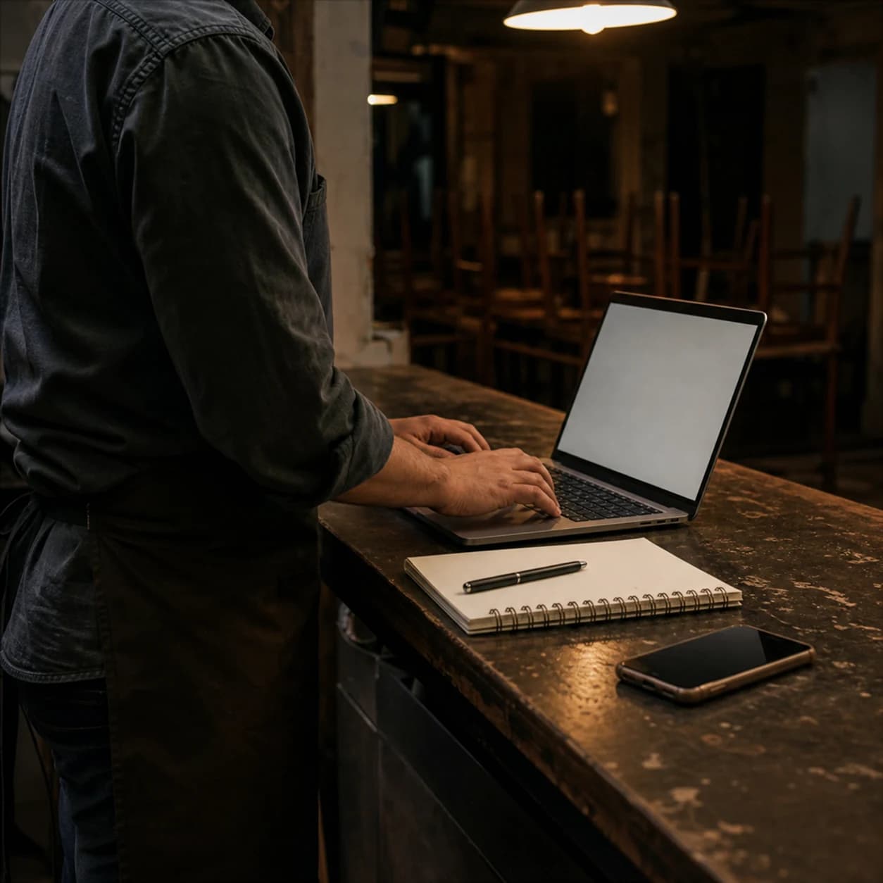 A business owner at the counter after closing, comparing options on a laptop beside a notepad