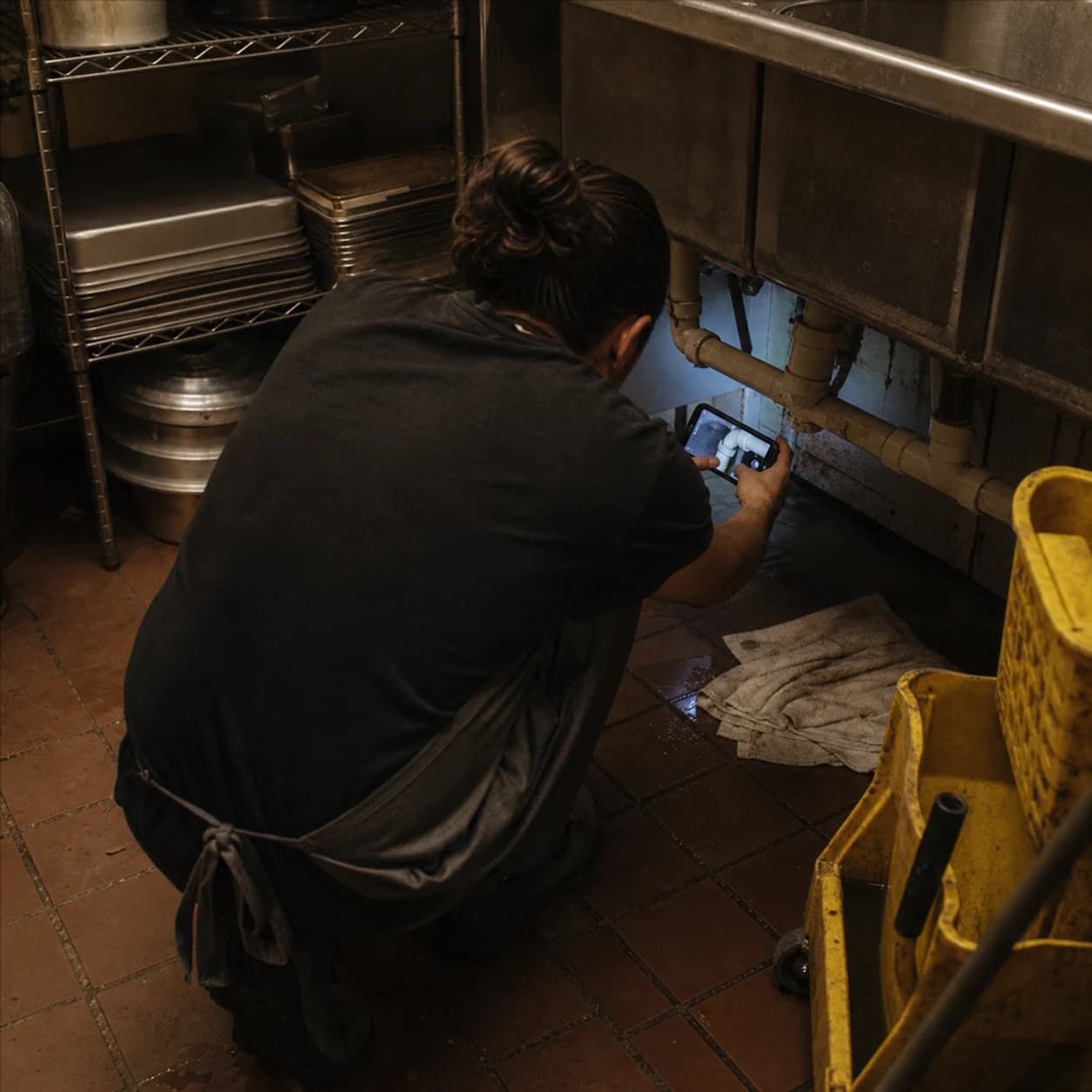 A business owner crouched under a prep sink, photographing a leaking pipe joint on a phone
