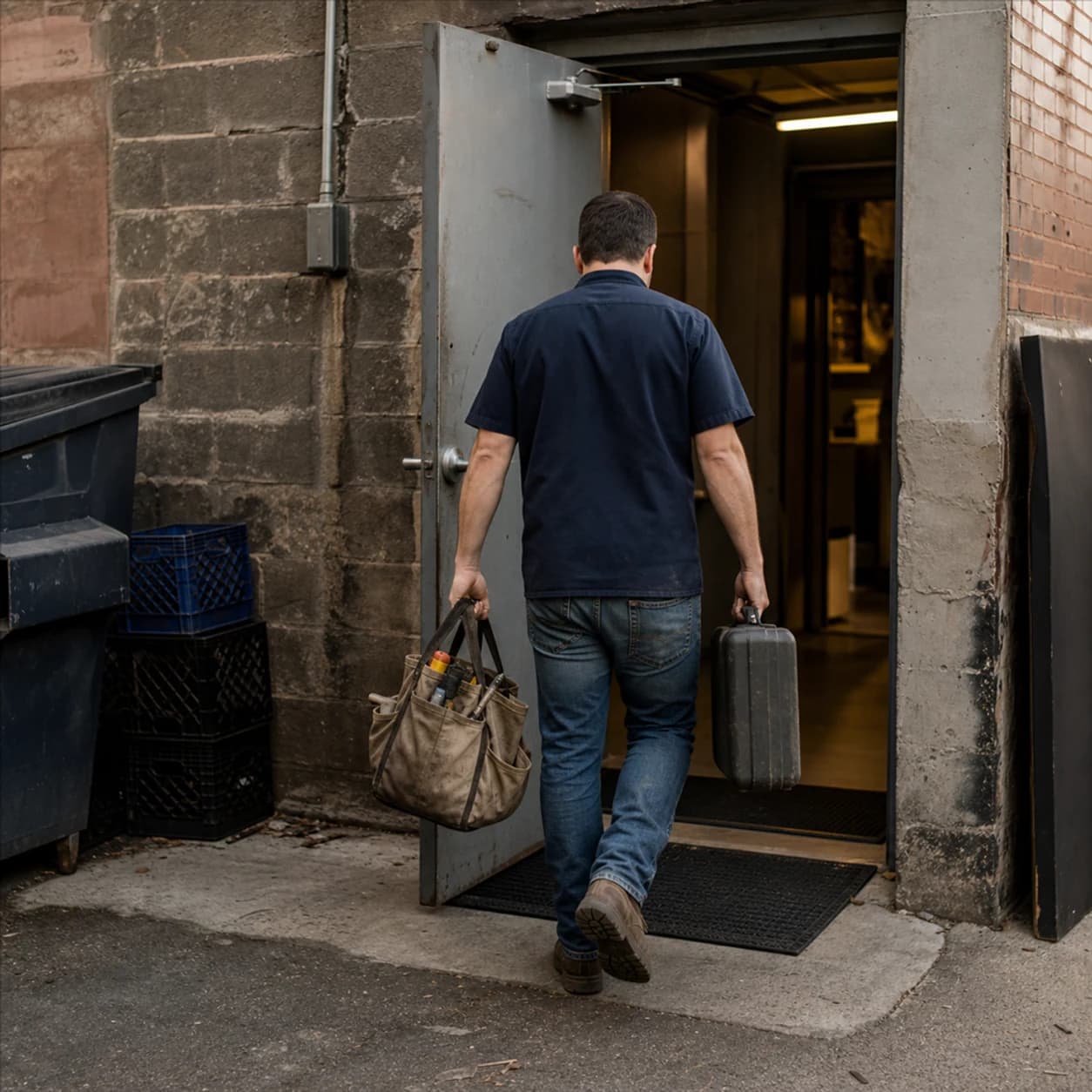 A tradesperson carrying a tool bag in through the back door of a small business